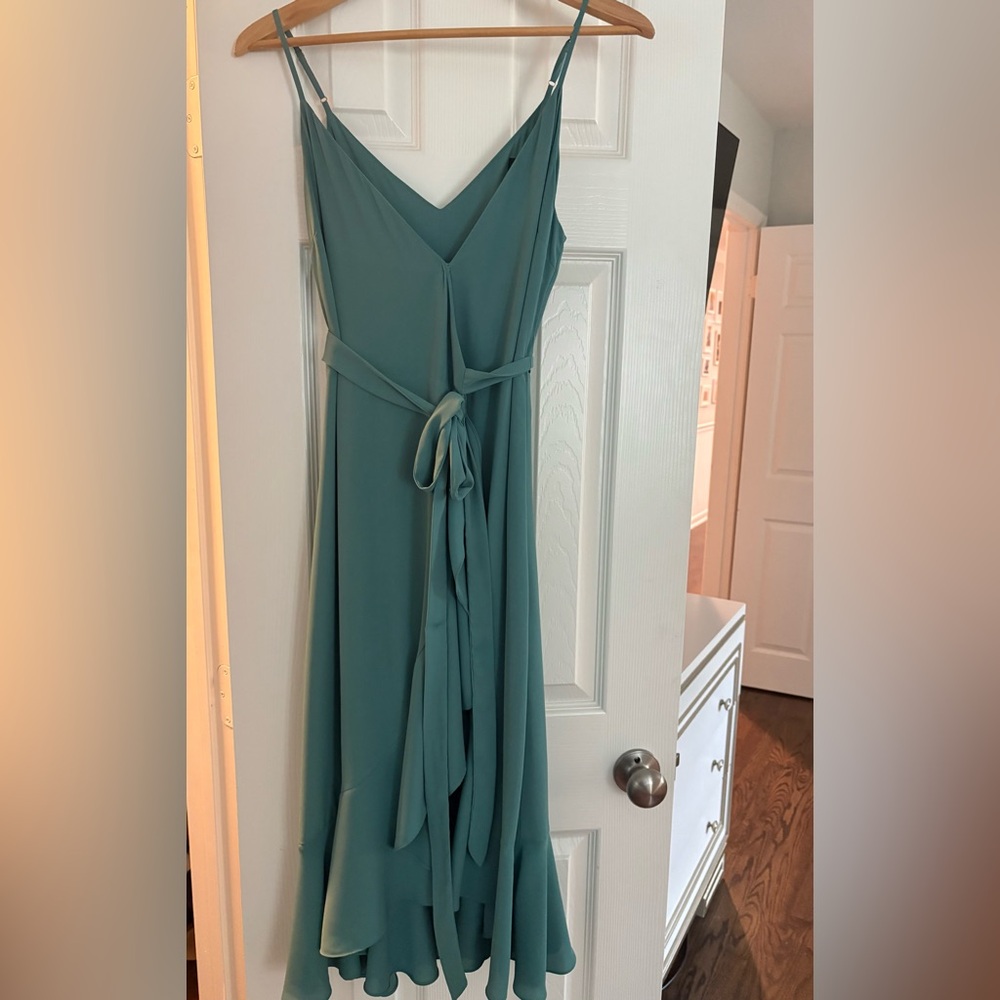 Ruffle wrap dress sage green with spaghetti straps. Like New.